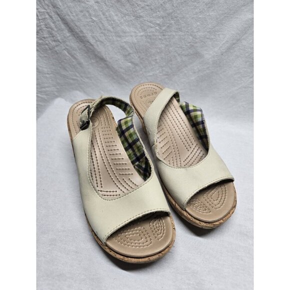 Crocs Shoes - CROCS A-Leigh Beige Cork Wedge Sling Back Sandals Womens Size 7